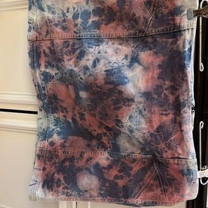 White Fable stretch denim, pink and blue mini skirt